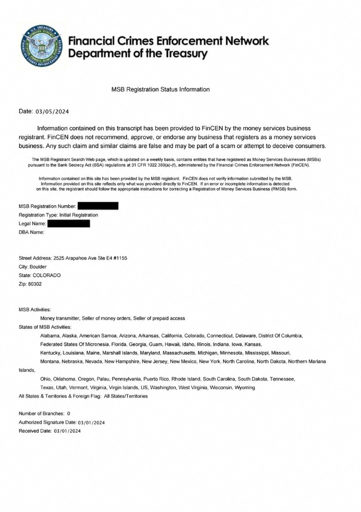 美国 FinCEN MSB 牌照文件预览